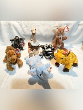 Ty Beanie Babies lot safari elephant giraffe ostrich camel zebra kangaroo